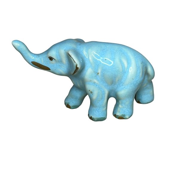 Vintage Ceramic Blue Glazed Elephant Figurine Trunk Up Gold Details - Picture 1 of 6